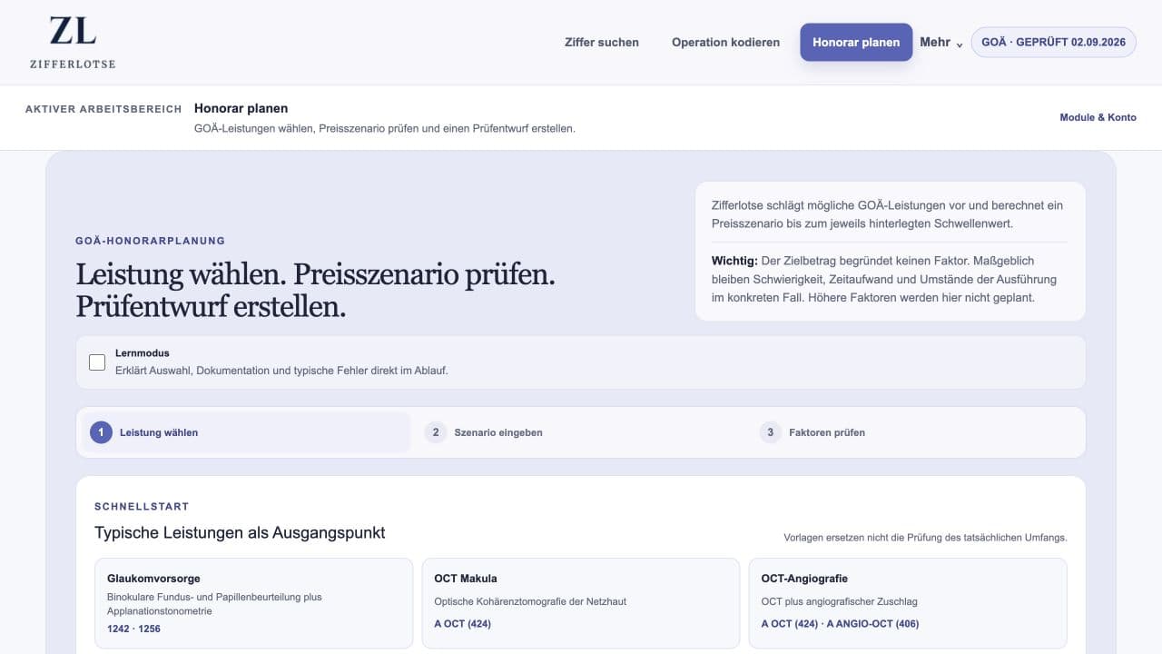 Zifferlotse mit GOÄ-Honorarplanung und Glaukom-Schnellstart